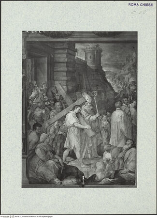 Vorderseite von ICCD [https://www.deutsche-digitale-bibliothek.de/content/lizenzen/rv-ez/] Szenen aus der Geschichte des heiligen Kreuzes und des OratoriumsHeraclius trägt das Kreuz im Büßergewand nach Jerusalem - gesamt; nach der Restaurierung von 1963-64, bh378219_recto. Foto.