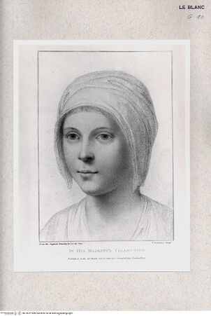 Vorderseite von Bibliotheca Hertziana [http://creativecommons.org/publicdomain/mark/1.0/] Original designs of the most celebrated masters of the Bolognese, Roman, Florentine, and Venetian schools, comprising some of the works of Leonardo da Vinci, the Carracci, Claude Lorrain, Raphael ... in His Majesty's Collection; engraved by Bartolozzi, P. W. Tomkins ... ; with biographical and historical sketches of L. da Vinci and the CaracciTaf. [14] Kopf eines Mädchens mit Leinenkappe, leicht nach links gewandt - , bh378717. Foto.