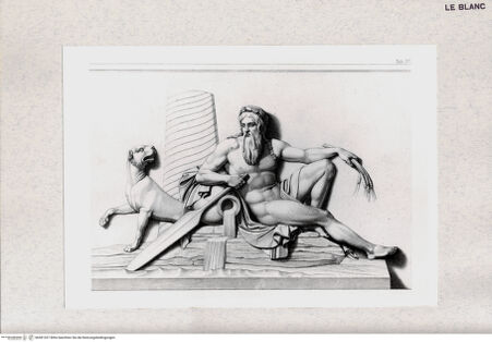 Vorderseite von Bibliotheca Hertziana [http://creativecommons.org/publicdomain/mark/1.0/] Der Einzug Alexanders des Großen in Babylon. Marmorfries von B. Thorwaldsen. Nach Zeichnungen von F. Overbeck in Kupfer gestochen von S. Amsler. Hrsg. von Hermann Lücke. 4. Aufl. Neue Ausg. Leipzig : Dürr, 1882. 5 S. : Ill.Tab. IV.: Der Flussgott Euphrat (oder Tigris) mit Panther und einem Ruder und Getreidegarben in den Händen - , bh381207. Foto.