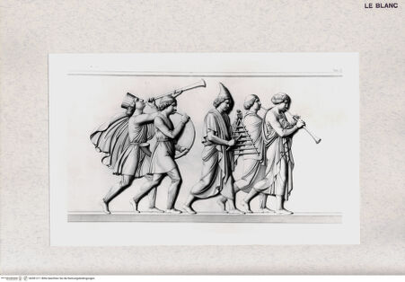 Vorderseite von Bibliotheca Hertziana [http://creativecommons.org/publicdomain/mark/1.0/] Der Einzug Alexanders des Großen in Babylon. Marmorfries von B. Thorwaldsen. Nach Zeichnungen von F. Overbeck in Kupfer gestochen von S. Amsler. Hrsg. von Hermann Lücke. 4. Aufl. Neue Ausg. Leipzig : Dürr, 1882. 5 S. : Ill.Tab. X.: Musiker mit unterschiedlichen Instrumenten, drei gerade Hörner und ein geschwungenes Horn und eine Triangel - , bh381211. Foto.