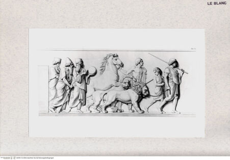 Vorderseite von Bibliotheca Hertziana [http://creativecommons.org/publicdomain/mark/1.0/] Der Einzug Alexanders des Großen in Babylon. Marmorfries von B. Thorwaldsen. Nach Zeichnungen von F. Overbeck in Kupfer gestochen von S. Amsler. Hrsg. von Hermann Lücke. 4. Aufl. Neue Ausg. Leipzig : Dürr, 1882. 5 S. : Ill.Tab. VII.: Teildarstellung des Einzuges Alexander des Großen mit drei babylonischen Gelehrten, und drei Knechten die einen Löwe einen Panther und ein steigendes Pferd als Willkommensgeschenke heranführen - , bh381214. Foto.