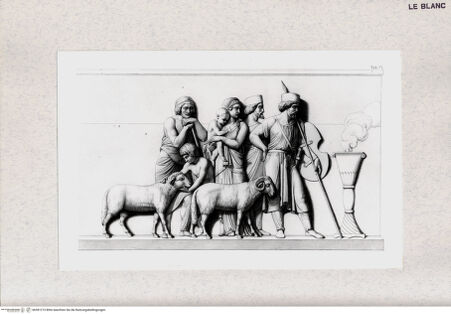 Vorderseite von Bibliotheca Hertziana [http://creativecommons.org/publicdomain/mark/1.0/] Der Einzug Alexanders des Großen in Babylon. Marmorfries von B. Thorwaldsen. Nach Zeichnungen von F. Overbeck in Kupfer gestochen von S. Amsler. Hrsg. von Hermann Lücke. 4. Aufl. Neue Ausg. Leipzig : Dürr, 1882. 5 S. : Ill.Tab. VI.: Eine Familie mit zwei Soldaten und zwei Schafen betrachten den Einzug Alexander des Großen - , bh381215. Foto.
