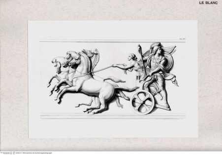 Vorderseite von Bibliotheca Hertziana [http://creativecommons.org/publicdomain/mark/1.0/] Der Einzug Alexanders des Großen in Babylon. Marmorfries von B. Thorwaldsen. Nach Zeichnungen von F. Overbeck in Kupfer gestochen von S. Amsler. Hrsg. von Hermann Lücke. 4. Aufl. Neue Ausg. Leipzig : Dürr, 1882. 5 S. : Ill.Tab. XIV.: Alexander der Grosse auf seinem Triumphwagen während des Einzugs, er richtet den Blick zurück auf sein siegreiches Heer, der Wagen wird derweil von einer Nike gelenkt - , bh381217. Foto.
