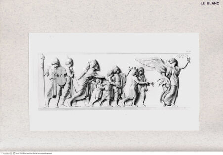 Vorderseite von Bibliotheca Hertziana [http://creativecommons.org/publicdomain/mark/1.0/] Der Einzug Alexanders des Großen in Babylon. Marmorfries von B. Thorwaldsen. Nach Zeichnungen von F. Overbeck in Kupfer gestochen von S. Amsler. Hrsg. von Hermann Lücke. 4. Aufl. Neue Ausg. Leipzig : Dürr, 1882. 5 S. : Ill.Tab. XIII. Die geflügelte Göttin des Friedens mit Ölzweig und Füllhorn als Zeichen für die Segnungen des Friedens gebietet dem herannahenden Triumphwagen Alexanders Einhalt, dahinter heißen Mazäus mit seinen fünf Söhnen den Einzug Alexanders willkommen - , bh381218. Foto.