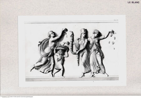 Vorderseite von Bibliotheca Hertziana [http://creativecommons.org/publicdomain/mark/1.0/] Der Einzug Alexanders des Großen in Babylon. Marmorfries von B. Thorwaldsen. Nach Zeichnungen von F. Overbeck in Kupfer gestochen von S. Amsler. Hrsg. von Hermann Lücke. 4. Aufl. Neue Ausg. Leipzig : Dürr, 1882. 5 S. : Ill.Tab. XII.: Drei tanzende Perserinnen und ein kleiner Knabe der einen Blütenkorb auf seinem Kopf balanciert streuen Blüten zu Ehren Alexanders - , bh381219. Foto.