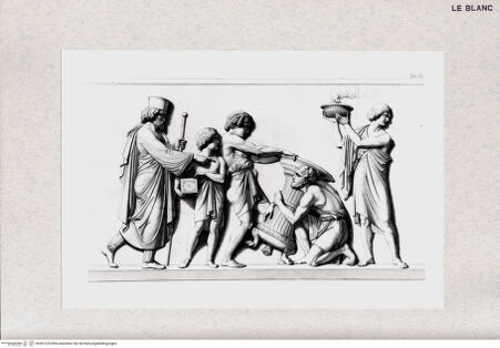 Vorderseite von Bibliotheca Hertziana [http://creativecommons.org/publicdomain/mark/1.0/] Der Einzug Alexanders des Großen in Babylon. Marmorfries von B. Thorwaldsen. Nach Zeichnungen von F. Overbeck in Kupfer gestochen von S. Amsler. Hrsg. von Hermann Lücke. 4. Aufl. Neue Ausg. Leipzig : Dürr, 1882. 5 S. : Ill.Tab. XI. Bagophanes lässt silberne Altäre mit Räucherschalen für Alexander den Großen herrichten - , bh381220. Foto.