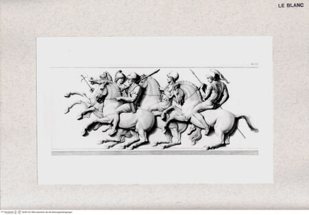 Vorderseite von Bibliotheca Hertziana [http://creativecommons.org/publicdomain/mark/1.0/] Der Einzug Alexanders des Großen in Babylon. Marmorfries von B. Thorwaldsen. Nach Zeichnungen von F. Overbeck in Kupfer gestochen von S. Amsler. Hrsg. von Hermann Lücke. 4. Aufl. Neue Ausg. Leipzig : Dürr, 1882. 5 S. : Ill.Tab. XIX.Teildarstellung des Einzuges Alexander des Großen in Babylon mit vier berittenen Griechen - , bh381222. Foto.