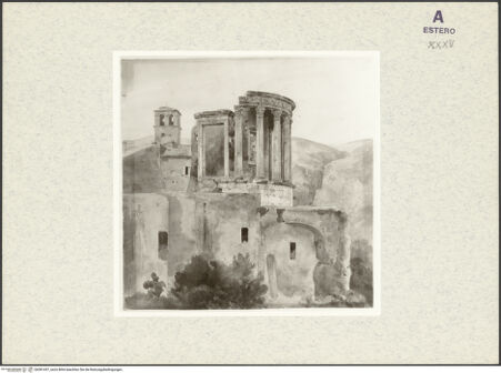 Vorderseite von Staatliche Kunsthalle [https://rightsstatements.org/page/CNE/1.0/] Der Tempel der Vesta in Tivoli - , bh381437_recto. Foto.