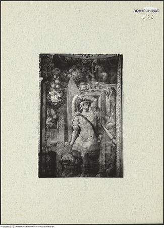 Vorderseite von unbekannt [https://www.deutsche-digitale-bibliothek.de/content/lizenzen/rv-fz/] KapellenausmalungDie heiligen Mauritius und Albert der Große - Detail: der heilige Mauritius und Puttenfries (Aufnahme vor der Restaurierung 1986), bh382034_recto. Foto.