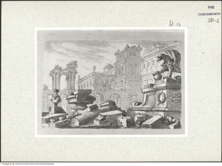 Vorderseite von Courtauld Institute London [http://creativecommons.org/publicdomain/mark/1.0/] Album mit Römischen Architekturcapricci für Lord BurlingtonAntike Fragmente vor einer Ruinenkulisse - , bh382644_recto. Foto.