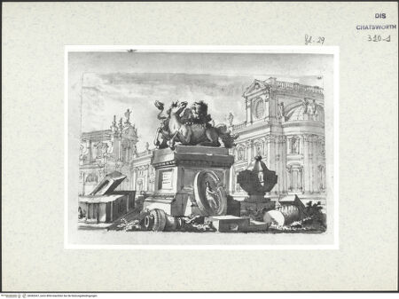 Vorderseite von Courtauld Institute London [http://creativecommons.org/publicdomain/mark/1.0/] Album mit Römischen Architekturcapricci für Lord BurlingtonAntike Fragmente und Skulpturengruppe - , bh382647_recto. Foto.