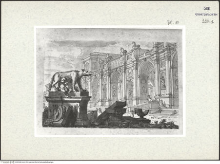 Vorderseite von Courtauld Institute London [http://creativecommons.org/publicdomain/mark/1.0/] Album mit Römischen Architekturcapricci für Lord BurlingtonSkulptur der Wölfin mit Romulus und Remus - , bh382648_recto. Foto.