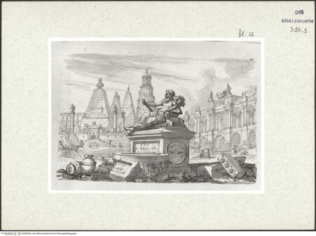 Vorderseite von Courtauld Institute London [http://creativecommons.org/publicdomain/mark/1.0/] Album mit Römischen Architekturcapricci für Lord BurlingtonFlussgott vor einer Architekturkulisse - , bh382650_recto. Foto.