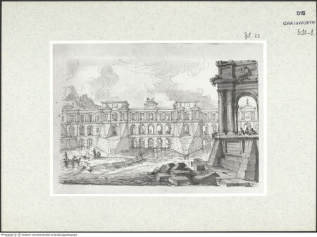 Vorderseite von Courtauld Institute London [http://creativecommons.org/publicdomain/mark/1.0/] Album mit Römischen Architekturcapricci für Lord BurlingtonFluss mit Aquädukt - , bh382651_recto. Foto.