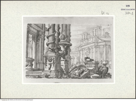 Vorderseite von Courtauld Institute London [http://creativecommons.org/publicdomain/mark/1.0/] Album mit Römischen Architekturcapricci für Lord BurlingtonRuinen mit Schlangensäulen - , bh382652_recto. Foto.