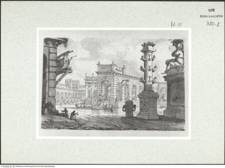 Vorderseite von Courtauld Institute London [http://creativecommons.org/publicdomain/mark/1.0/] Album mit Römischen Architekturcapricci für Lord BurlingtonHafen - , bh382653_recto. Foto.