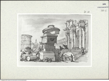 Vorderseite von Courtauld Institute London [http://creativecommons.org/publicdomain/mark/1.0/] Album mit Römischen Architekturcapricci für Lord BurlingtonTriumphbogen und antike Fragmente - , bh382656_recto. Foto.