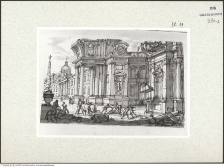 Vorderseite von Courtauld Institute London [http://creativecommons.org/publicdomain/mark/1.0/] Album mit Römischen Architekturcapricci für Lord BurlingtonBaustellenszene - , bh382657_recto. Foto.