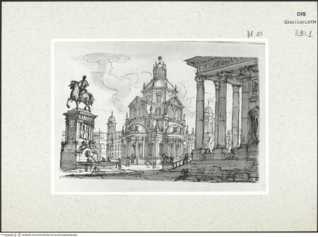 Vorderseite von Courtauld Institute London [http://creativecommons.org/publicdomain/mark/1.0/] Album mit Römischen Architekturcapricci für Lord BurlingtonPlatz mit Kirche - , bh382658_recto. Foto.