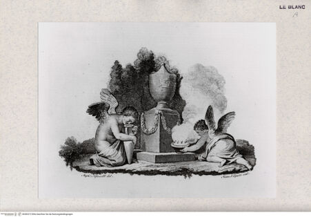 Vorderseite von Tomba, Verona [http://creativecommons.org/publicdomain/mark/1.0/] Putten vor der Urne Karls III. (aus Bernardino Ridolfi, "In funere Caroli III Hispan. Regis Catholici Oratio habita in sacello pontificio a B. Ridolfi ...", Parma 1789) - , bh383272. Foto.