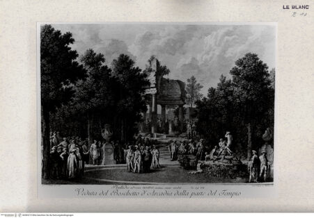 Vorderseite von Tomba, Verona [http://creativecommons.org/publicdomain/mark/1.0/] Der Wald Arkadiens, mit den Überresten des Tempels; (aus G.B.Bodoni (Ed.), "Descrizione delle feste...", 1771) - , bh383273. Foto.