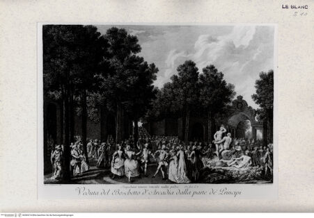 Vorderseite von Tomba, Verona [http://creativecommons.org/publicdomain/mark/1.0/] Der Wald Arkadiens, zum Königspalast hin (aus G.B.Bodoni (Ed.), "Descrizione delle feste...", 1771) - , bh383274. Foto.