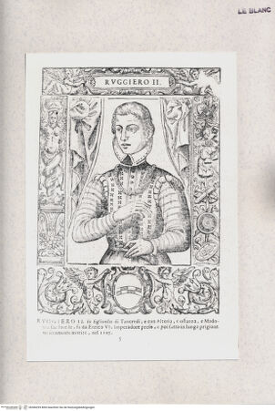 Vorderseite von Raccolta Pagliara [http://creativecommons.org/publicdomain/mark/1.0/] E. Bacco, "Effigie di tutti i re, che han dominato il Reame di Napoli ...", Napoli 1602"Ruggiero II" (Taf. 5) - , bh384295. Foto.