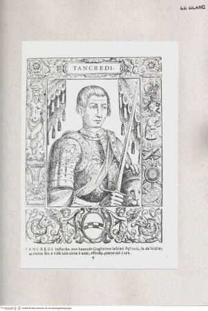 Vorderseite von Raccolta Pagliara [http://creativecommons.org/publicdomain/mark/1.0/] E. Bacco, "Effigie di tutti i re, che han dominato il Reame di Napoli ...", Napoli 1602"Tancredi" (Taf. 4) - , bh384296. Foto.