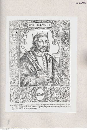 Vorderseite von Raccolta Pagliara [http://creativecommons.org/publicdomain/mark/1.0/] E. Bacco, "Effigie di tutti i re, che han dominato il Reame di Napoli ...", Napoli 1602"Guglielmo II il Buono" (Taf. 3) - , bh384297. Foto.