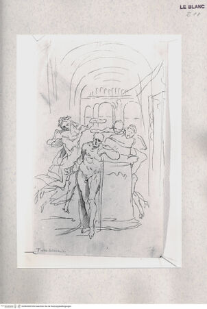 Vorderseite von Raccolta Pagliara [http://creativecommons.org/publicdomain/mark/1.0/] Männlicher Akt mit 3 Figuren (aus der Serie "Raccolta di opere varie inventate ed incise...dal celebre Pietro Testa...", Roma o.J.) - , bh384300. Foto.