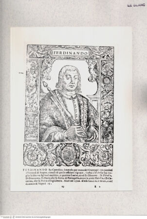 Vorderseite von Raccolta Pagliara [http://creativecommons.org/publicdomain/mark/1.0/] E. Bacco, "Effigie di tutti i re, che han dominato il Reame di Napoli ...", Napoli 1602"Ferdinando" (Taf. 25) - , bh384302. Foto.