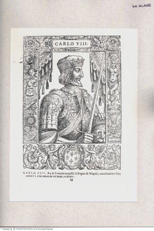 Vorderseite von Raccolta Pagliara [http://creativecommons.org/publicdomain/mark/1.0/] E. Bacco, "Effigie di tutti i re, che han dominato il Reame di Napoli ...", Napoli 1602"Carlo VIII di Francia" (Taf. 23) - , bh384304. Foto.