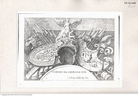 Vorderseite von Raccolta Pagliara [http://creativecommons.org/publicdomain/mark/1.0/] Trophäe mit einer Victoria auf dem Helm sitzend (Blatt I aus der Serie der "Trophäen", 5 Blatt + Titelblatt - , bh384339. Foto.