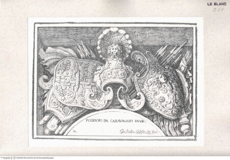 Vorderseite von Raccolta Pagliara [http://creativecommons.org/publicdomain/mark/1.0/] Trophäe mit einem Helm mit Löwenkopf und Schildern (Blatt 2 aus der Serie der "Trophäen", 5 Blatt + Titelblatt) - , bh384349. Foto.