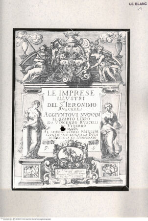 Vorderseite von Raccolta Pagliara [http://creativecommons.org/publicdomain/mark/1.0/] Titelblatt zu "Le imprese illustri del S.or Ieronimo Ruscelli aggiuntovi nouvamente il quarto libro da Vincenzo Ruscelli da Viterbo...Venetia...1584" - , bh384707. Foto.