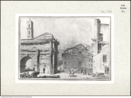 Vorderseite von Kunstbibliothek [http://creativecommons.org/publicdomain/mark/1.0/] Ansicht des Forum Romanum, Septimus Severus Bogens und San Giuseppe dei Falegnami, im Hintergrund das Kapitol - , bh386065_recto. Foto.