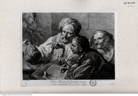 Vorderseite von Landesbildstelle Rheinland [http://creativecommons.org/publicdomain/mark/1.0/] Der Zeichenunterricht (Dotto Maestro al Giovanetto insegna ...) (aus einer Serie volkstümlicher Szenen, verschiedene Stecher nach Domenico Maggiotto) - , bh386329. Foto.