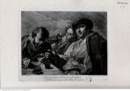Vorderseite von Landesbildstelle Rheinland [http://creativecommons.org/publicdomain/mark/1.0/] Raucher und Trinker (Giovano spesso a discacciargli affani ...) (aus einer Serie volkstümlicher Szenen, verschiedene Stecher nach Domenico Maggiotto) - , bh386330. Foto.