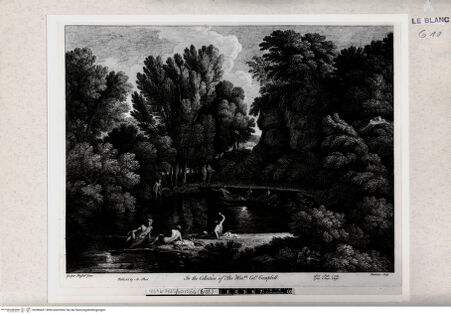 Vorderseite von British Museum [http://creativecommons.org/publicdomain/mark/1.0/] Waldlandschaft mit Teich und Badenden - , bh386631. Foto.