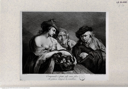 Vorderseite von Landesbildstelle Rheinland [http://creativecommons.org/publicdomain/mark/1.0/] Die Obstverkäuferin (Comprando i frutti ...) (aus einer Serie volkstümlicher Szenen, verschiedene Stecher nach Domenico Maggiotto) - , bh389418. Foto.