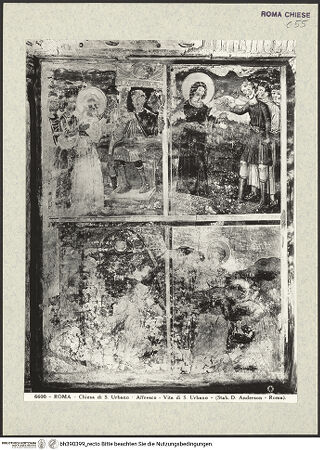 Vorderseite von Alinari [https://rightsstatements.org/page/CNE/1.0/] Szenen aus dem Leben und der Passion Christi, verschiedene Märtyrer und Szenen aus der Vita der Heiligen Urban und CaeciliaVita der Heiligen Urban und Caecilia - Oben: Die heilige Caecilia vor Almachius, Caecilia verteilt die Habe des Valerius und des Tiburtius an Bedürftige & Unten: Martyrium der heiligen Caecilia, Grablegung durch den heiligen Urban, bh390399_recto. Foto.