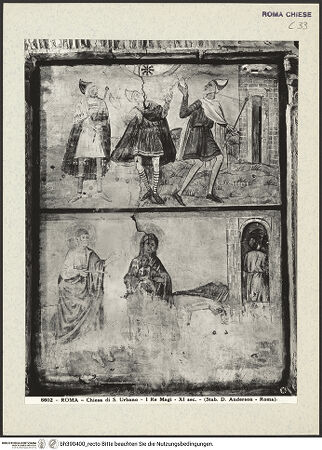 Vorderseite von Alinari [https://rightsstatements.org/page/CNE/1.0/] Szenen aus dem Leben und der Passion Christi, verschiedene Märtyrer und Szenen aus der Vita der Heiligen Urban und CaeciliaVita und Passion Christi - Die heiligen drei Könige ziehen nach Bethlehem, die Flucht nach Ägypten, bh390400_recto. Foto.