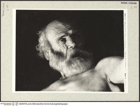 Vorderseite von Alinari [https://www.deutsche-digitale-bibliothek.de/content/lizenzen/rv-ez/] Kreuzigung Petri - Detail: Kopf des heiligen Petrus, bh390725_recto. Foto.