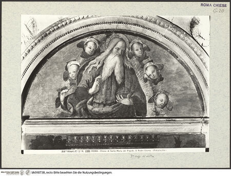 Vorderseite von Alinari [https://www.deutsche-digitale-bibliothek.de/content/lizenzen/rv-ez/] Madonna mit vier Heiligen (der hl. Augustinus links, der hl. Franz von Assisi rechts), darüber Lünette mit Gottvater - Detail: Gottvater in der Lünette, bh390730_recto. Foto.