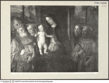 Vorderseite von Alinari [https://www.deutsche-digitale-bibliothek.de/content/lizenzen/rv-ez/] Madonna mit vier Heiligen (der hl. Augustinus links, der hl. Franz von Assisi rechts), darüber Lünette mit Gottvater - Detail: Die thronende Madonna, bh390737_recto. Foto.