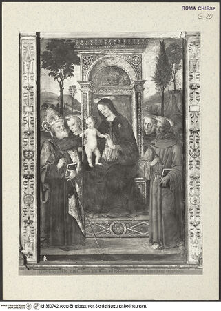 Vorderseite von Alinari [https://www.deutsche-digitale-bibliothek.de/content/lizenzen/rv-ez/] Madonna mit vier Heiligen (der hl. Augustinus links, der hl. Franz von Assisi rechts), darüber Lünette mit Gottvater - Detail: Die thronende Madonna, umgeben von Heiligen, bh390742_recto. Foto.