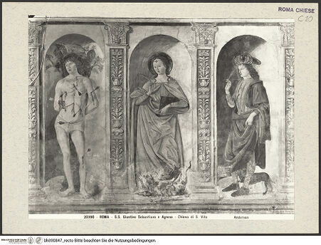 Vorderseite von Alinari [https://rightsstatements.org/page/CNE/1.0/] Madonna zwischen den Heiligen Modestus und Creszentia, darunter die Heiligen Vitus, Margarethe und Sebastian - Untere Zone, bh390847_recto. Foto.