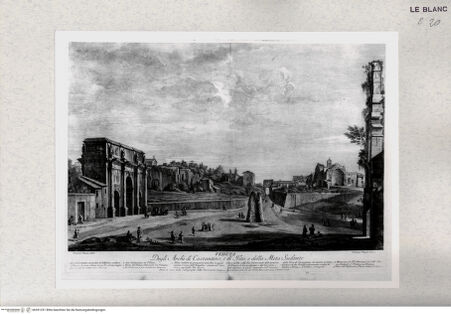Vorderseite von Istituto Nazionale per la Grafica [http://creativecommons.org/publicdomain/mark/1.0/] Konstantinsbogen, Titusbogen und Meta Sudans (aus einer Serie verschiedener Stecher nach Francesco Panninis Ansichten von Rom und Umgebung, 1773-1780) - , bh391251. Foto.