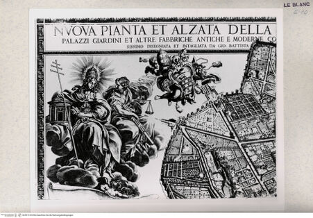 Vorderseite von J. Paul Getty Museum? [http://creativecommons.org/publicdomain/mark/1.0/] Allegorie auf das Papsttum: Glaube und Gerechtigkeit (Detail aus dem Romstadtplan des G.B. Falda, 1676) - , bh391318. Foto.