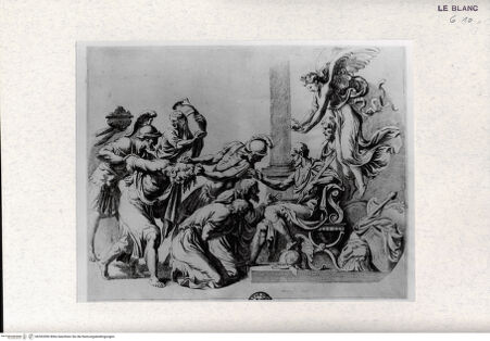 Vorderseite von Landesbildstelle Rheinland [http://creativecommons.org/publicdomain/mark/1.0/] Gefangene werden vor einen römischen Feldherrn geführt, über dem eine Victoria schwebt (Mantua, Palazzo del Te, Sala dei Venti) - , bh392096. Foto.